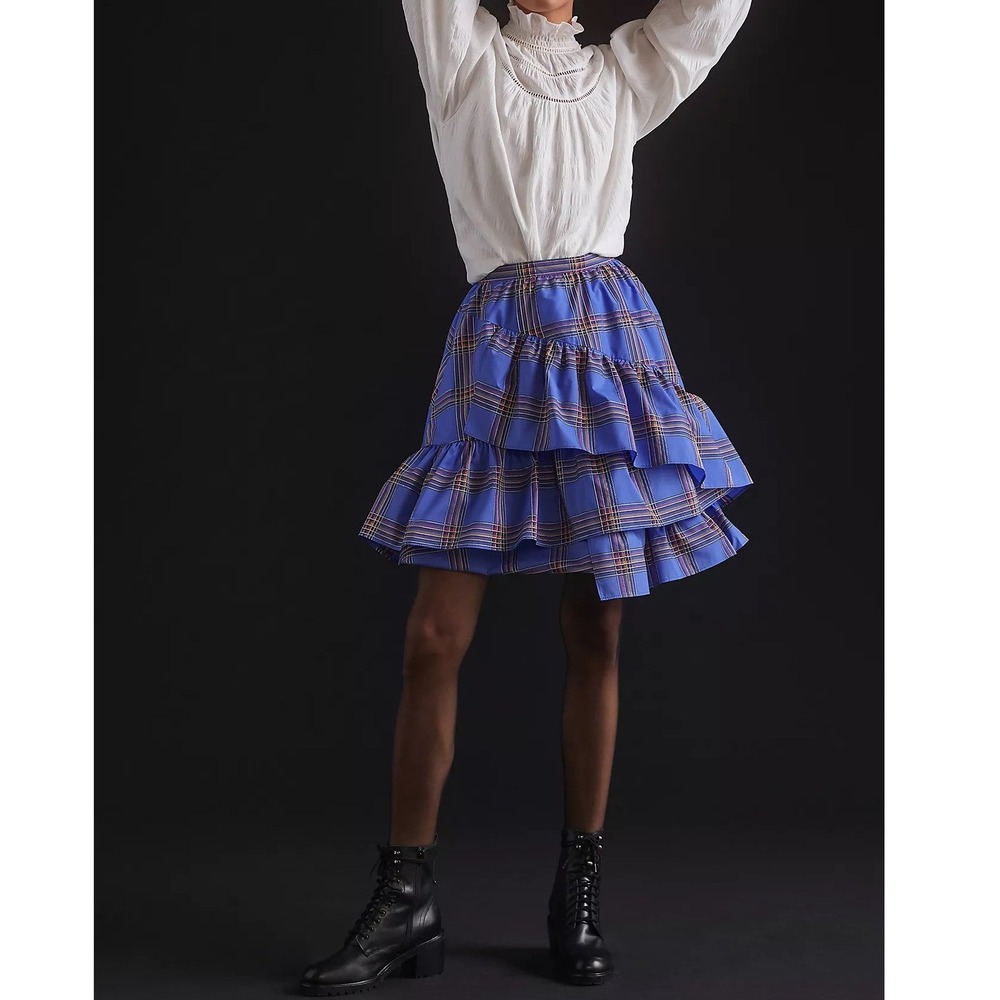 Maeve Anthropologie Tiered Ruffled Mini Skirt Womens 6 Blue Plaid Bubble Hem